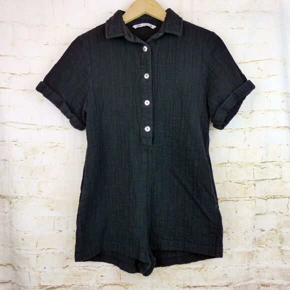 ZARA Romper Women XS Black Textured Crinkle Gauze Cotton Collared Button Up - Picture 2 of 12